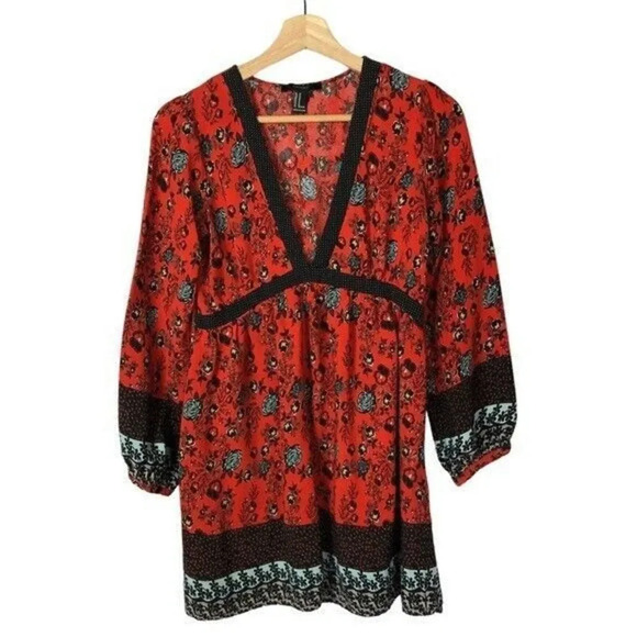 FOREVER 21 Dresses & Skirts - Forever 21 Red Floral Long Sleeve Boho Babydoll Mini Dress M